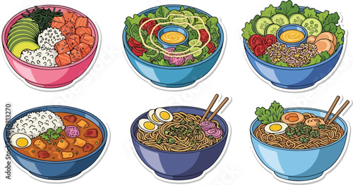 A collection of delicious and healthy food dishes, including poke bowls, salads, and noodle soups