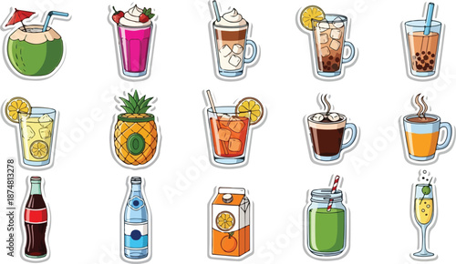 Collection of vibrant and refreshing beverage icons, featuring a variety of popular drinks in a playful and colorful design