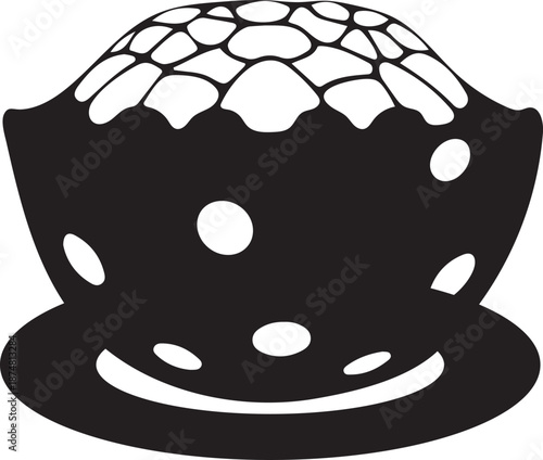 Whimsical black silhouette vector art of a dessert bowl, featuring an organic patterned top, cheerful polka dots, and a smiling saucer