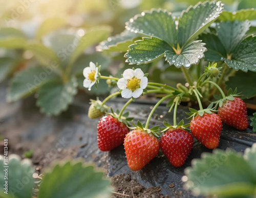 Lush Strawberry Patch: Ripe Red Berries, Delicate White Flowers, and Dewy Leaves Under Soft Sunlight