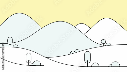 Minimalist landscape illustration with rolling hills, mountains, and abstract trees on a flat plane