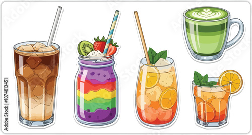 A vibrant collection of refreshing cold drinks and iced beverages, perfect for a hot day, featuring coffee, smoothies, and juices