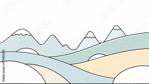 Serene mountainous terrain with jagged peaks and a flowing valley