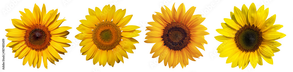 Obraz premium vibrant close-up photograph of four beautiful sunflowers blooming with bright yellow and orange petals against a dark background