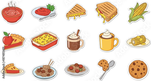 Set of delicious food illustrations including soup, pasta, pie, casserole, grilled cheese, cookies, and hot drinks