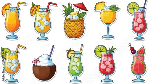 A delightful collection of colorful tropical and summer cocktail illustrations, perfect for vibrant designs and celebrations