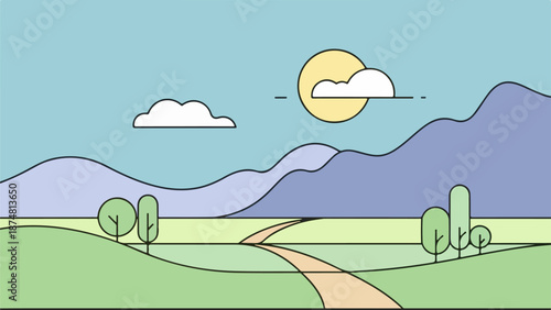 A serene countryside landscape with a winding dirt path, lush green fields, and purple mountains in the distance