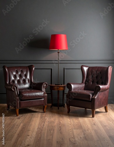 Elegant Living Room with Leather Armchairs, Lamp, and Wooden Floor.