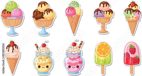 Collection of delicious ice cream and popsicle treats in various flavors and styles, perfect for summer and dessert themes