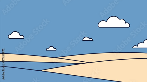 Illustration of a serene landscape with a blue sky, rolling hills, and a body of water