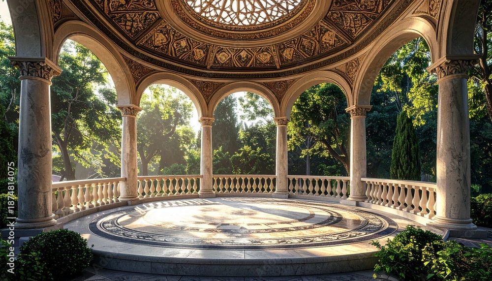 Obraz premium Elegant Gazebo in a Lush Garden - A Serene Architectural Masterpiece with Sunlight.