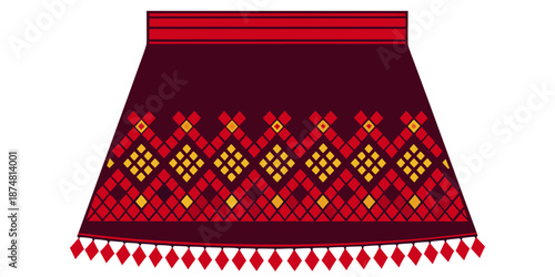 Traditional Lao Hand-Woven Silk Fabric with Red and Black Geometric Diamonds, Close-up of Authentic Lao Silk Craftsmanship featuring Traditional Tribal Motifs