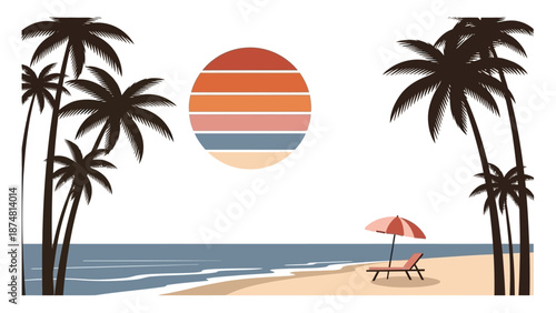 Illustration of a serene beach scene with palm trees, a lounge chair under an umbrella, and a colorful sunset over the ocean.