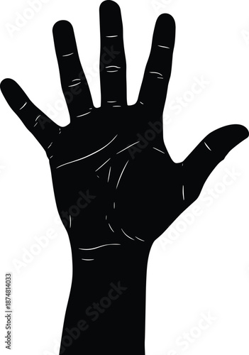 Detailed Black Silhouette of a Human Open Hand Palm, Showing Fingers and Skin Lines, Isolated Vector Illustration for Palmistry, Anatomy, or Gestures,