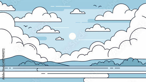 Serene coastal seascape illustration with partly cloudy sky and gentle waves