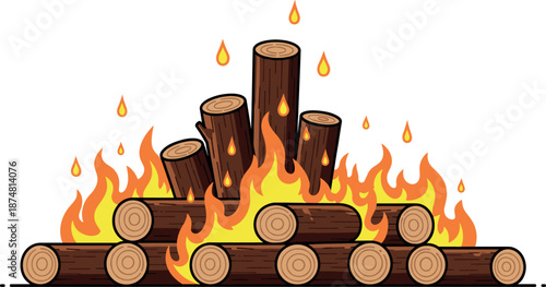 Large burning campfire with stacked wooden logs and bright orange flames vector illustration isolated on white background.