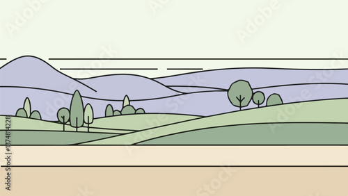 Serene natural landscape with rolling hills, grassy expanse, and muted purple mountains under a pastel blue sky