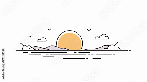 Serene seascape illustration with sunrise or sunset, calm sea, and rolling hills