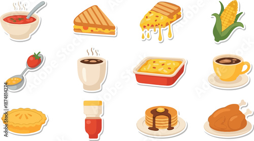 A delightful collection of delicious food icons, featuring a variety of homemade meals and beverages presented in a charming illustration style