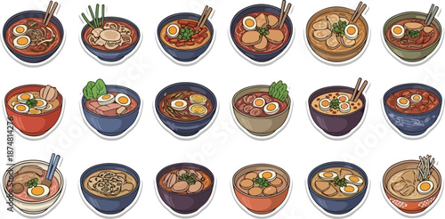 An assortment of delicious Japanese ramen noodle soup dishes, each a unique culinary creation