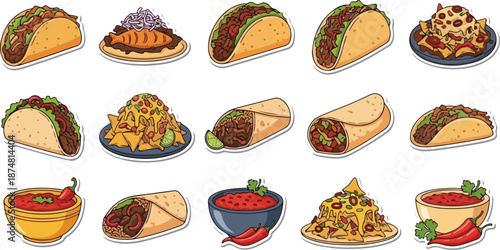 Collection of delicious Mexican food items like tacos, burritos, quesadillas, and nachos, served in colorful bowls and plates, perfect for menus and culinary designs