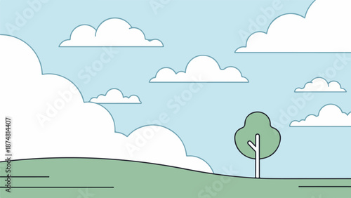 Gently rolling green hill with a solitary tree and a sky filled with fluffy white clouds