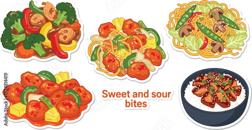 A delectable assortment of vibrant Asian cuisine, featuring sweet and sour dishes, stir-fries, and noodles with fresh vegetables