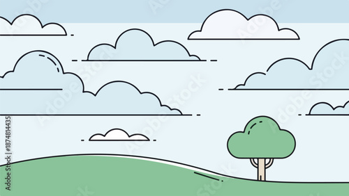 Serene landscape with a cloud-dappled sky, verdant hill, and a single tall tree