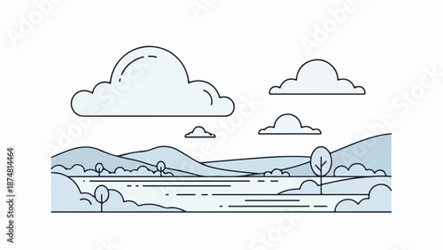 Serene landscape with rolling hills, distant mountains, and a winding path under an overcast sky