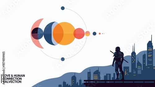 Futuristic cityscape with robot standing on rooftop overlooking colorful planet orbit
