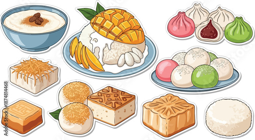 A vibrant collection of delicious and traditional Asian desserts, including sweet rice, mochi, and mooncakes, perfect for cultural celebrations and culinary exploration
