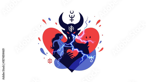 Dark fantasy creature embracing woman with heartbreak and love