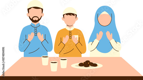Muslim Family Praying Iftar