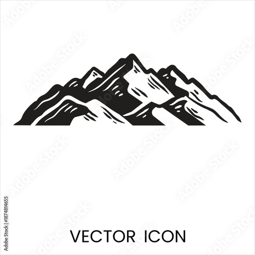 Black and white silhouette of majestic mountain range peaks.