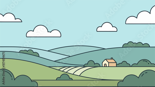 Rural landscape illustration with rolling hills, trees, and a house on a winding road