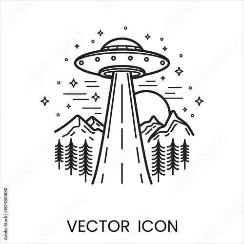 UFO abduction scene vector icon with mountains and trees