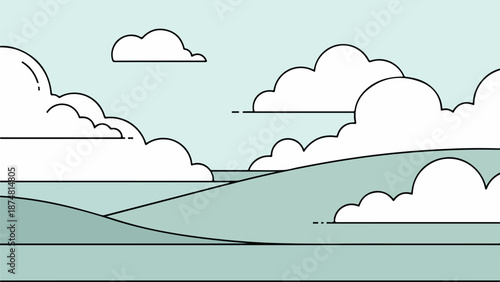 Illustration of a vast sky with fluffy white clouds and rolling green hills