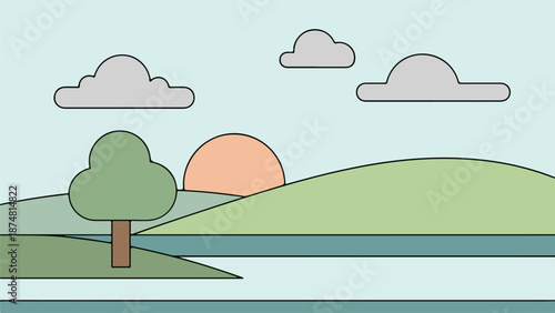 Rolling hills and a flowing river in a serene countryside landscape with a solitary tree and pink clouds