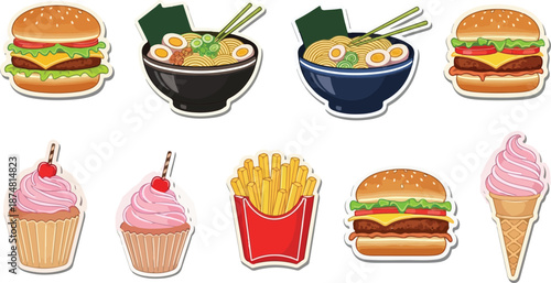 Collection of delicious fast food items and desserts, including burgers, ramen, fries, cupcakes, and ice cream