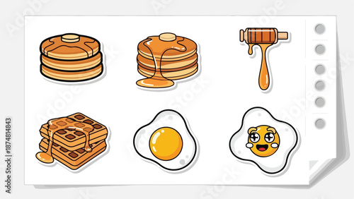 Delicious Breakfast Food Stickers Pancakes, Waffles, and Fried Eggs with Honey