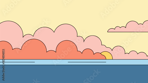 Sunrise or sunset over a calm sea with pink and orange sky and deep blue water