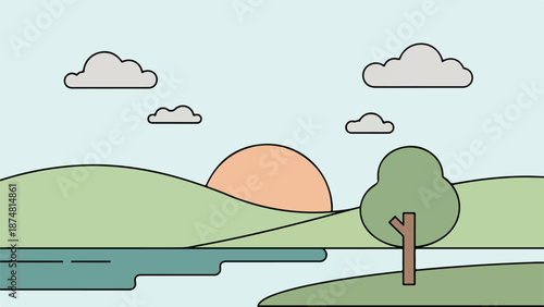 Serene landscape with tranquil water, rolling hills, and a solitary tree at sunset