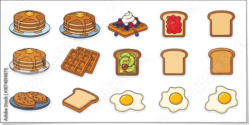Collection of Delicious Breakfast Food Icons including Pancakes, Waffles, Toast, Avocado Toast, and Fried Eggs
