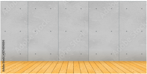 コンクリート打ちっぱなしの壁と木目調床の室内背景ベクターモックアップ素材｜Wood concrete wall and wood grain flooring mockup background
