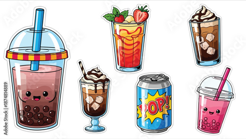 Collection of Cute Kawaii Style Drink Illustrations, including bubble tea, iced coffee, and soda