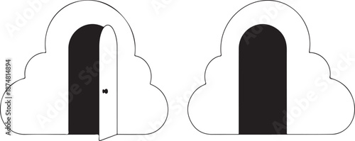 Silhouette cloud shapes with open and closed doorways, representing concepts of opportunity, privacy, and access, rendered in a minimalist vector design