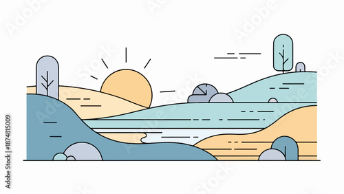 Serene landscape illustration with sunrise or sunset over water and mountains