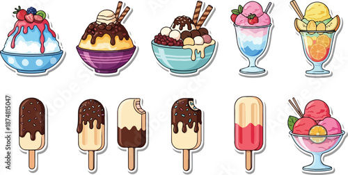 Delicious Assortment of Frozen Desserts and Treats Including Shaved Ice, Ice Cream, Popsicles, and Sundaes perfect for a Summer Day
