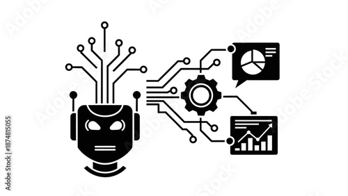 Artificial intelligence robot head with circuit brain processing data analytics showing charts graphs and gear symbol for automated smart solutions