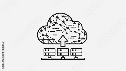 Cloud computing server database network with arrow pointing up representing data storage backup and synchronization services in modern infrastructure